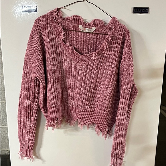 Belle Du Jour Sweaters - Belle Du Jour Pink V-Neck Distressed Sweater